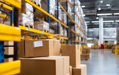 Fototapeta premium Inside Multilevel Storage Warehouse with Boxes and Shelves for Verification