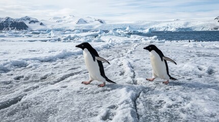 Fototapeta premium Two Adélie Penguins Walking Across a Snowy Antarctic Landscape with Icebergs in Background