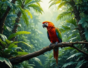 Vibrant Scarlet Macaw Perched on Branch in Lush Tropical Rainforest with Green Foliage