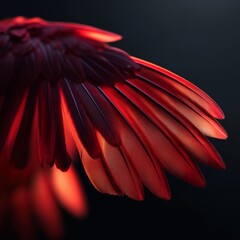 Nahaufnahme eines leuchtend roten Flügels vor dunklem Hintergrund.