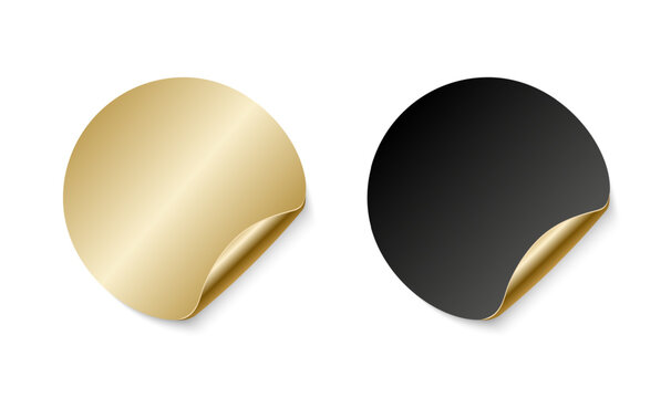 Gold and black glued round stickers with curled corner, glossy adhesive labels isolated on white background, premium badge design elements for branding, packaging, promotions, and product highlights