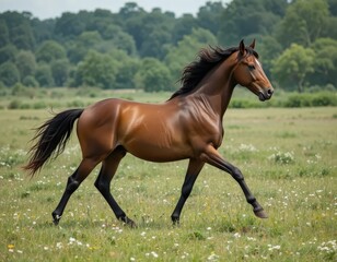 Obraz premium Majestic brown horse galloping gracefully through a vibrant green meadow under a clear sky