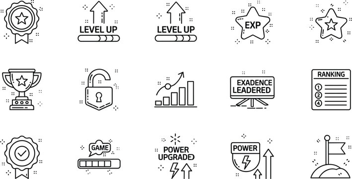 Gamification Achievement and Level Up Line Icons Set with Experience Points Ranking Trophy and Power Upgrade Vector
