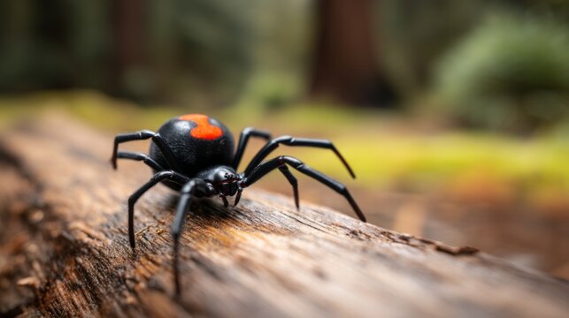 Close-Up of Venomous Redback Spider Crawling on Tree Log in Nature