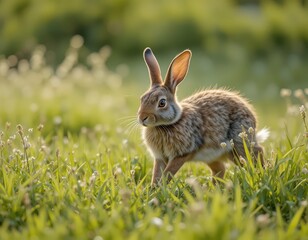 Charming Young Rabbit Exploring Lush Green Meadow Under Soft Natural Light