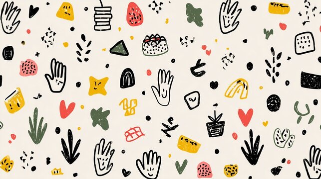 Seamless hand drawn doodle pattern with cute icons and shapes