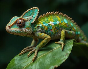 Obraz premium Colorful Chameleon Perched on Leaf in Lush Green Environment with Detailed Scales and Texture