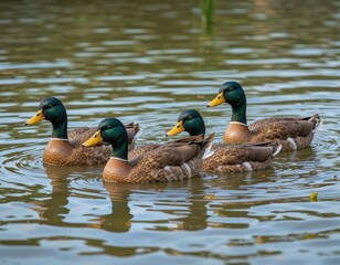 Obraz premium Four Mallard Ducks Swimming Calmly in a Serene Pond Surrounded by Nature's Beauty