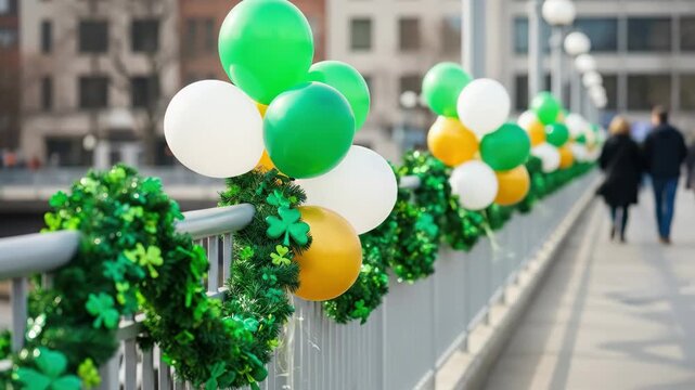 Decorated bridge railing with balloons and greenery outdoors