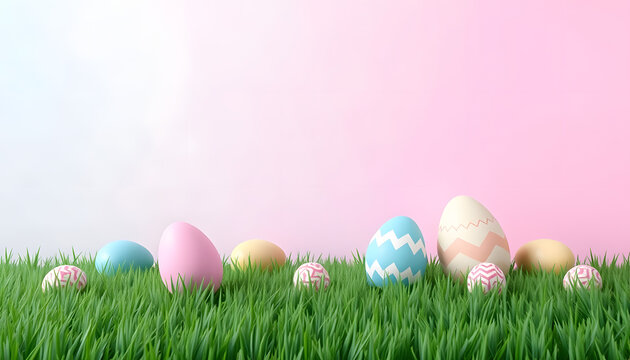 Vibrant Easter eggs scattered across a lush green lawn with a soft pink gradient sky in the background, celebrating springtime joy