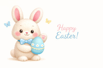 Obraz premium Easter bunny holding decorated egg, greeting card with butterflies and text, holiday illustration.
