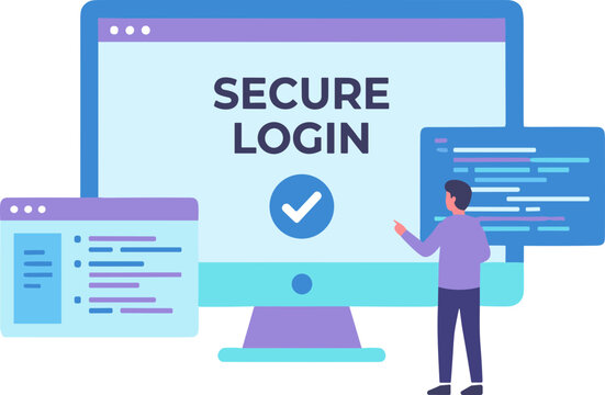 A man interacts with a large computer monitor displaying a secure login screen beside smaller screens.