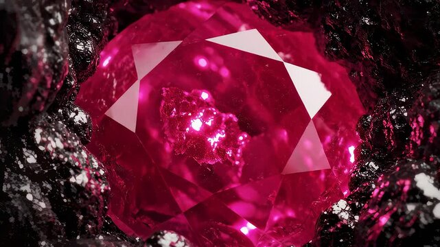 Close Up Of A Large Ruby Gemstone Growing From Dark Rocks