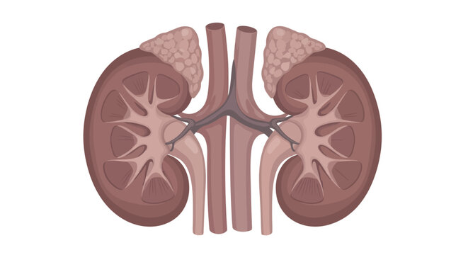 Anatomical illustration of human kidneys with renal structures and ureters clearly depicted.
