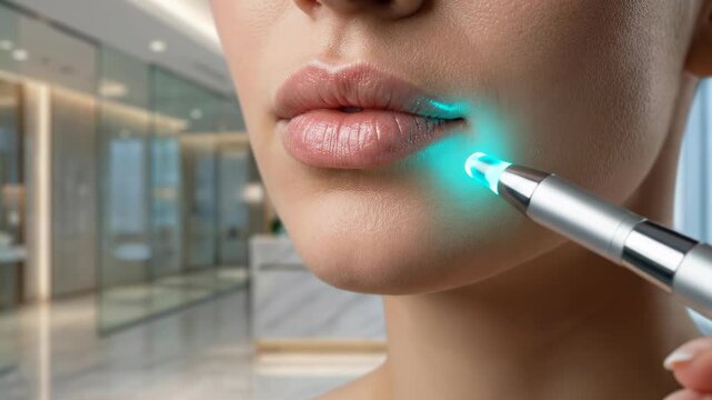 Close up of a woman receiving a professional laser skin treatment on her face with a blue light applicator in a modern aesthetic clinic