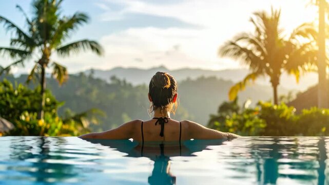 Young woman relaxing in luxury infinity pool overlooking tropical mountains and palm trees during golden sunset