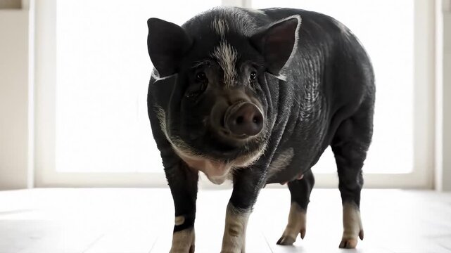 Domestic Pig Standing Indoors on Wooden Floor, Looking Around