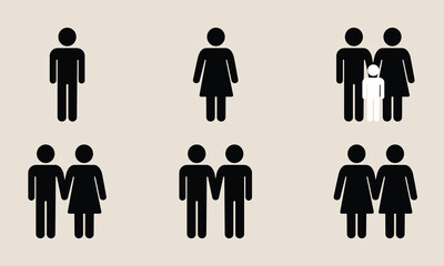 Modern family diversity icons set including single parents and same sex couples with children representing inclusive society and various household structures for social studies and human rights work