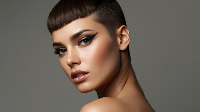 Portrait of a young woman model with dark kajal eyeliner glowing smooth skin and short hair