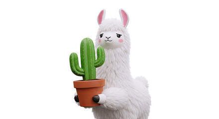 Fototapeta premium Cartoon Llama Holding a Potted Cactus