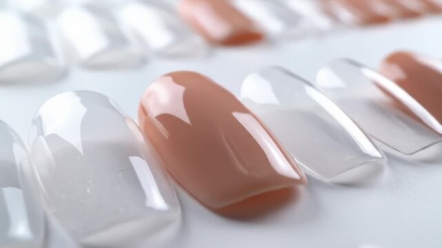 Rows of Artificial Nails in Various Shapes and Colors Arranged on a White Surface