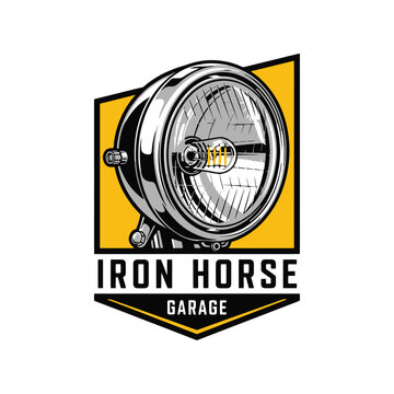 Iron Horse Garage emblem featuring a motorcycle headlight design.