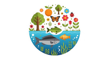 Fototapeta premium A vibrant illustration of a fish, butterfly, frog, and flowers in a natural ecosystem scene.