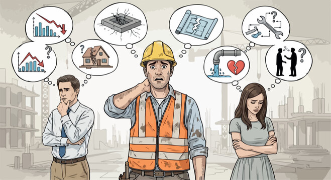 Worried construction worker in hard hat and safety vest surrounded by thought bubbles depicting various business and personal problems, with a pensive man and sad woman on a construction site