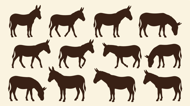 Various donkey silhouettes in a seamless pattern. Animal vector art.