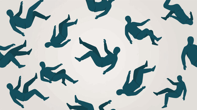 Graphic illustration of numerous human figures falling or floating in space