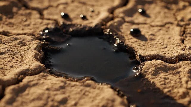 Viscous dark liquid collects in a severe crack within dry, parched earth, highlighting the environmental impact of resource depletion and the pressing global issue of water scarcity and climate change
