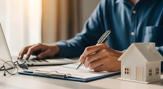 Man planning to buy a house with laptop and documents