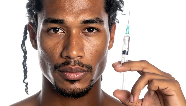 A Black man stares intensely, holding a syringe filled with clear liquid. He has locs and a serious expression