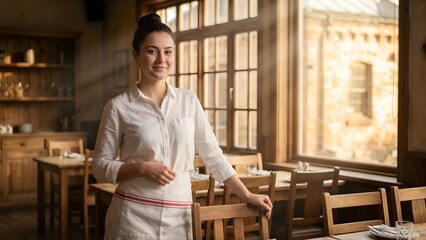 Fototapeta premium Smiling female restaurant owner or waitress in white uniform standing in a rustic cafe interior