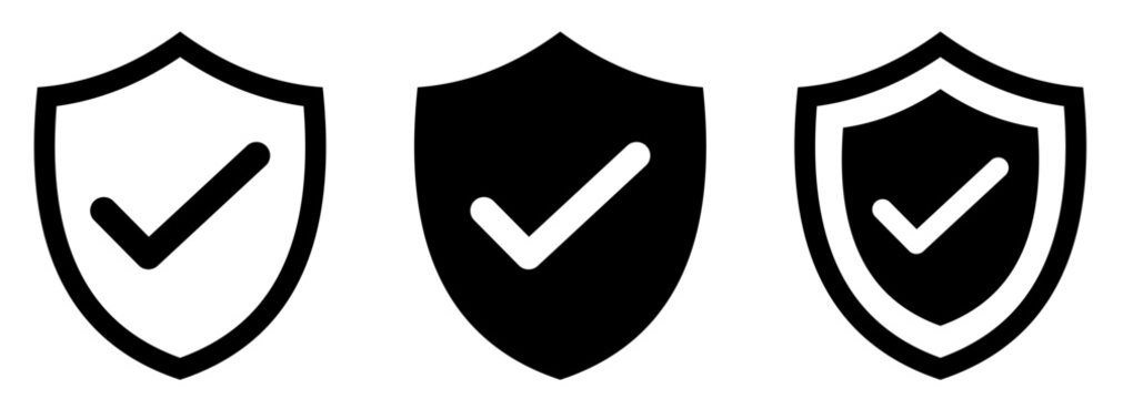 Shield check mark icon or security shield protection icon with tick symbol.