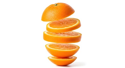 Freshly sliced orange fruit levitating in five segments, showcasing vibrant citrus color and healthy natural food concept on a clean white background