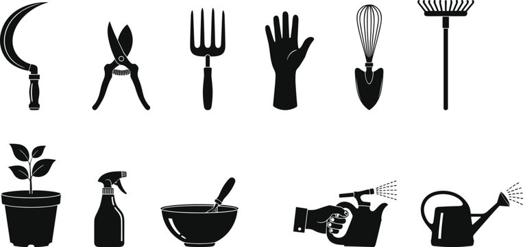 Gardening tools silhouettes set including rake scissors fork gloves spray bottle watering can plant pot vector illustration isolated collection