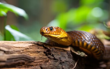 Sleek Brown Taipan Snake with Tan Scales Slithering on a Log