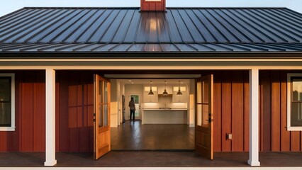 Obraz premium Modern Red Barn with Open Wooden Doors Revealing a Bright, Contemporary Interior Kitchen and Living Space