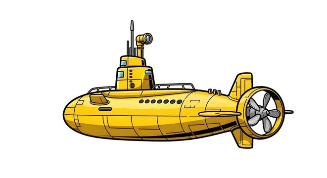 Sleek yellow submarine illustration with a periscope and large propeller. Cartoon style deep sea exploration vessel isolated on white for Submarine Day designs.