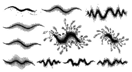 Obraz premium Waves and splashes set with black dotted lines and particles on white background featuring wave, splash, graphic with