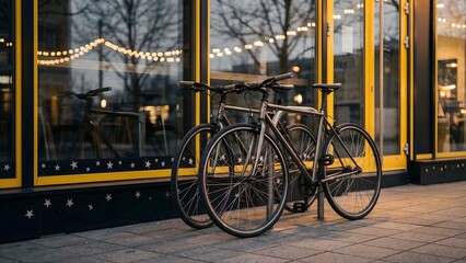 Obraz premium Two dark bicycles parked outside a modern building with large reflective windows and yellow frames, urban street scene
