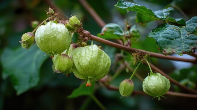 Fresh green husk tomatoes growing on a vine surrounded by lush green foliage in a garden setting, symbolizing organic gardening and healthy eating
