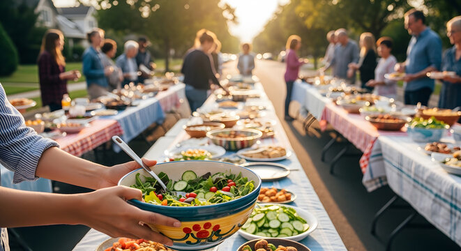People gathering along a very long table filled with salads and different dishes during a neighborhood block party in a sunny residential street