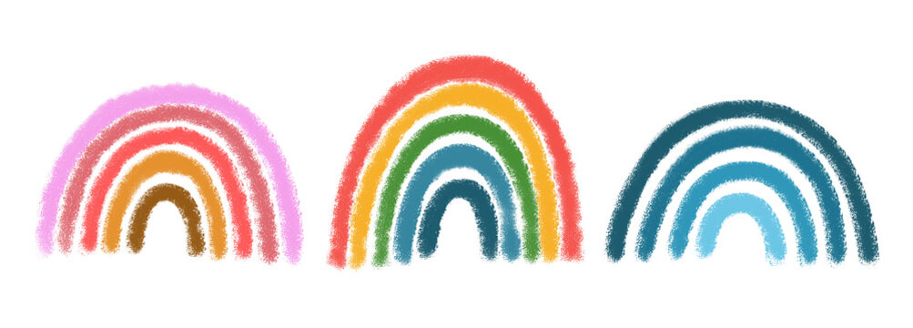 Multicolored bright rainbows drawn with chalk on a transparent background.