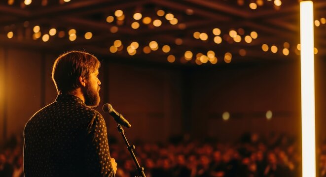 Speaker addressing a large audience under warm stage lighting