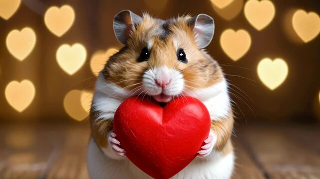 Adorable syrian hamster holding a big red heart shape with heart shaped bokeh lights background