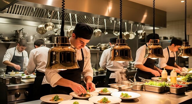 Professional culinary team intensely focuses on exquisite meal preparation in a bustling restaurant kitchen