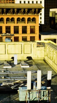 A construction site on a rooftop features materials and tools scattered across the surface. The background shows buildings of a bustling downtown area under a clear blue sky.
