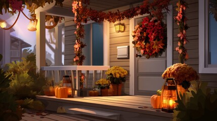 Naklejka premium Cozy Cartoon Cabin Porch Decorated for Thanksgiving Festivities